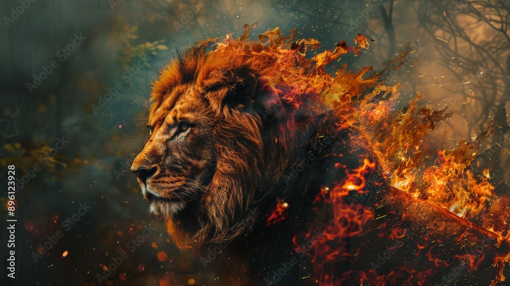 Naklejka premium A lion with fire mane.
