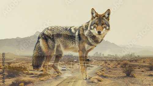 A lone wolf stands in the middle of a vast desert