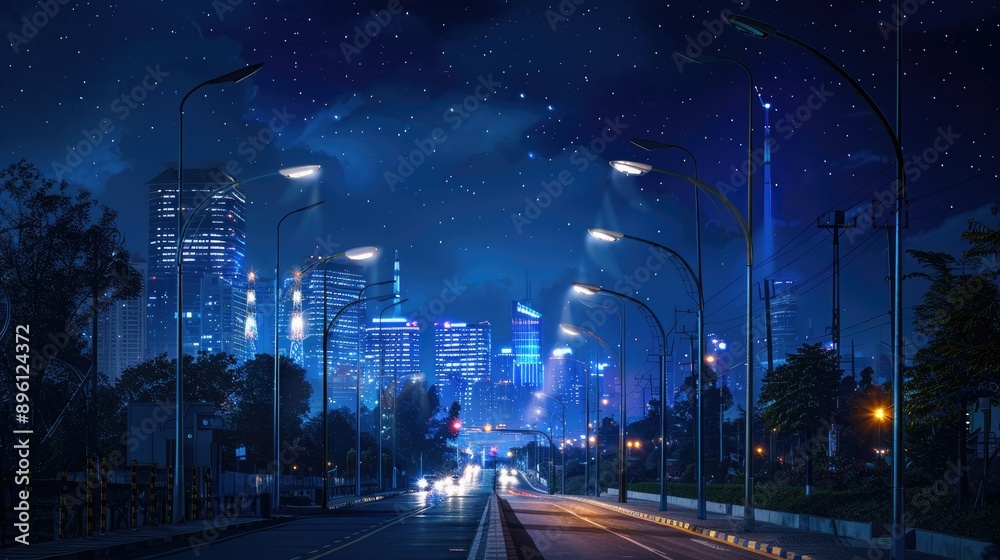 A network of energy-efficient smart streetlights illuminating city streets while reducing energy consumption and costs.