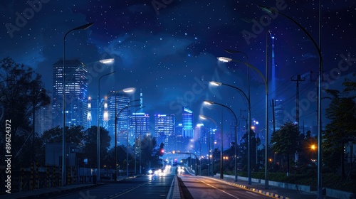 Obraz na płótnie A network of energy-efficient smart streetlights illuminating city streets while reducing energy consumption and costs. w salonie
