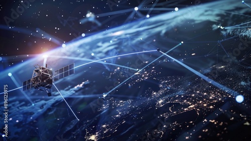 A network of interconnected satellites beaming down high-speed internet access to rural and remote regions.