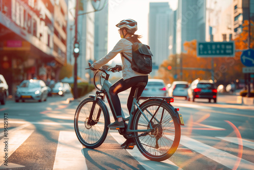 woman on a bike outside on a city street