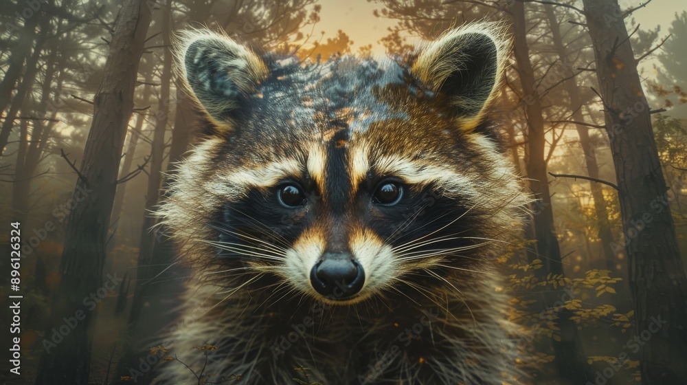 A raccoon is looking at the camera in the woods. A raccoon is looking at the camera in the woods.