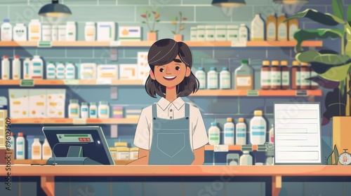 Friendly Pharmacy Clerk with Digital Register in Health Products Store - Ideal for Medical and Retail Themes