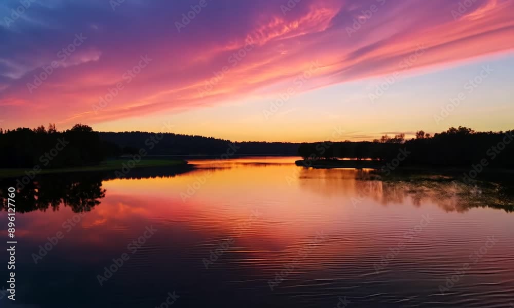 A sunset reflected on a tranquil lake. 4K Video hyperrealistic A sunset reflected on a tranquil lake. 4K Video hyperrealistic