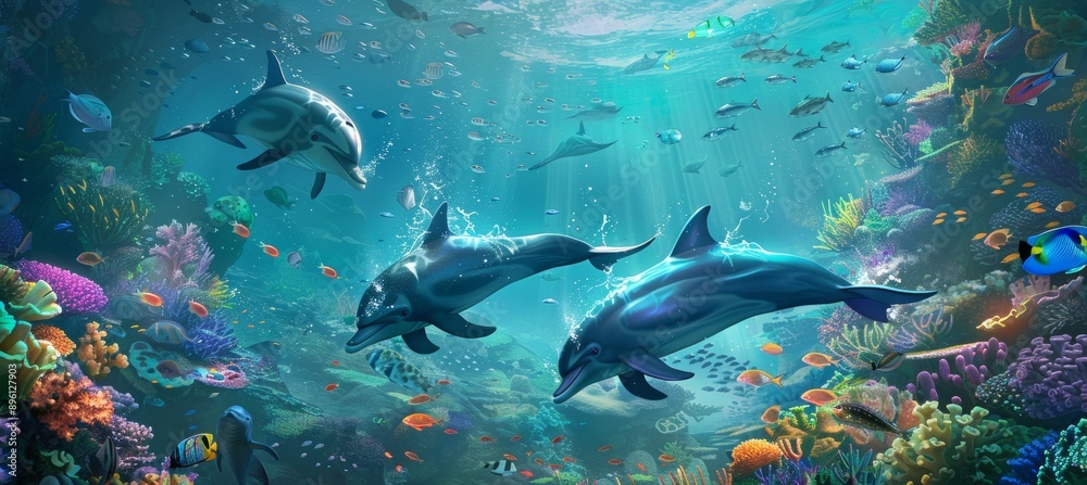 Fototapeta premium Vibrant Underwater Scene with Dolphins and Tropical Fish in a Colorful Coral Reef