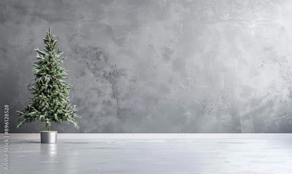 Fototapeta premium Minimalist Christmas Tree Near Classic Gray Textured Wall: Monochrome Empty Living Room Scene Mockup. Elegant Holiday Decor in Neutral Tones for Promotional Background. Aesthetic 4K Wallpaper Showcasi
