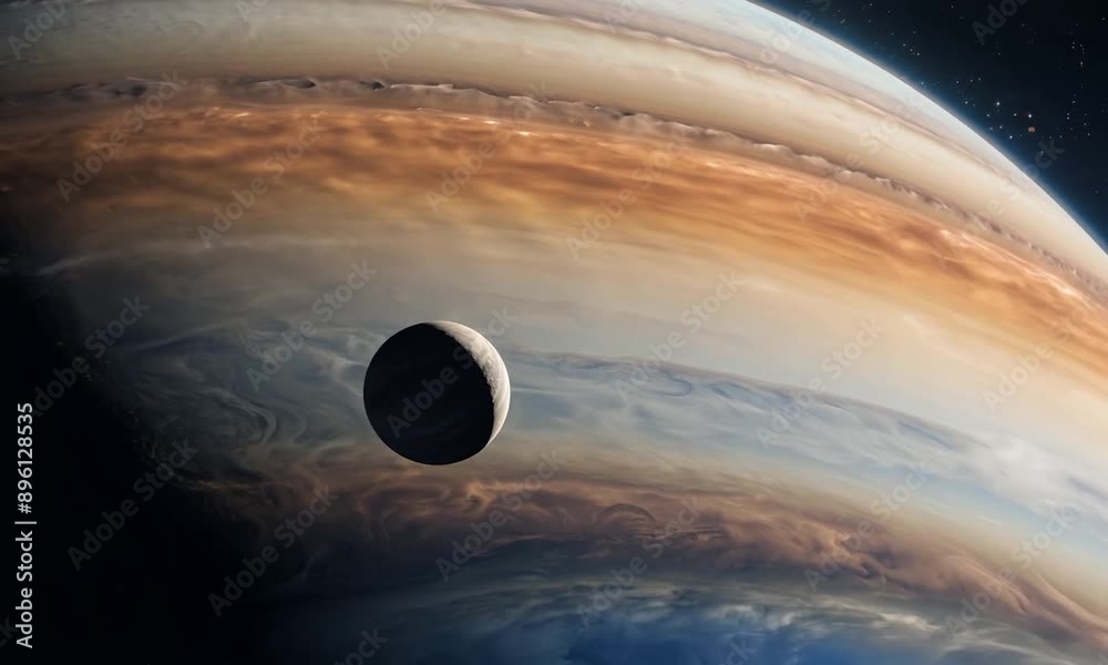 A moon orbiting a gas giant. 4K Video hyperrealistic