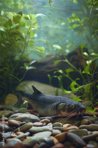 Serene Catfish Resting on Riverbed Among Rocks and Aquatic Plants in Freshwater Habitat