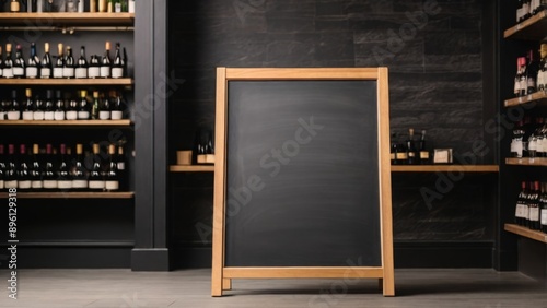  A black chalkboard or a sign in a wooden frame for the text of the menu and prices, standing on the floor of a wine store, a hypermarket, a convenient layout
