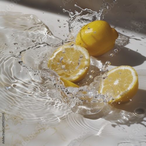 Zitronen appetitlich dargestellt mit aufgeschnittenen zitronen und plätscherndem wasser photo