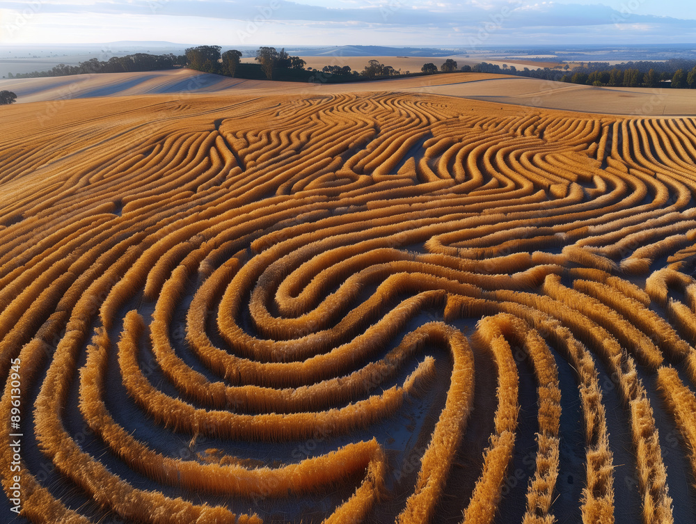 Naklejka premium Extensión de tierra cultivada de cereales, con un diseño similar a un patrón o laberinto, fondo pequeñas lomas con árboles verdes y cuelo azul, campo sembrado, agricultura sostenible, biodiversidad