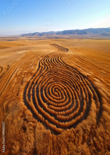 Huella digital humana en un prado sembrado de trigo. Mensaje: 