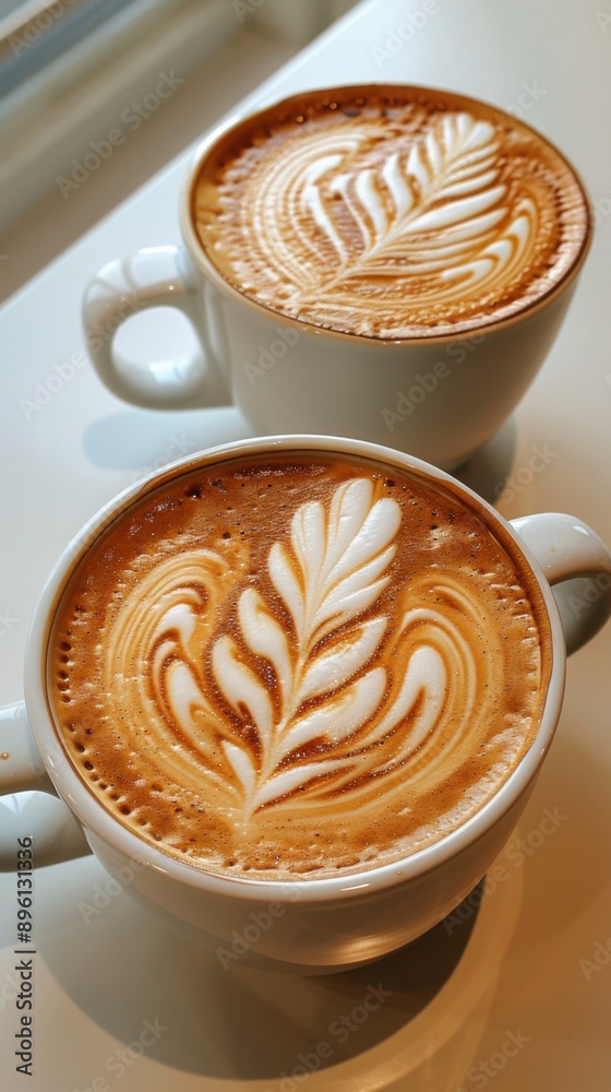Two cups of coffee with a leaf design on them, Drink background Two cups of coffee with a leaf design on them, Drink background