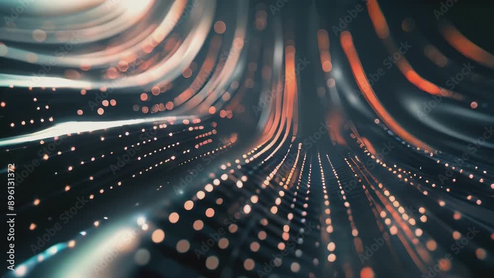 A close up shot of a digital abstract art piece with lines and dots glowing with orange and white light against a dark background. Abstract tech background A close up shot of a digital abstract art piece with lines and dots glowing with orange and white light against a dark background. Abstract tech background