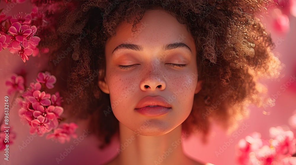 A serene woman with closed eyes surrounded by pink flowers, highlighting her natural beauty and peaceful expression.