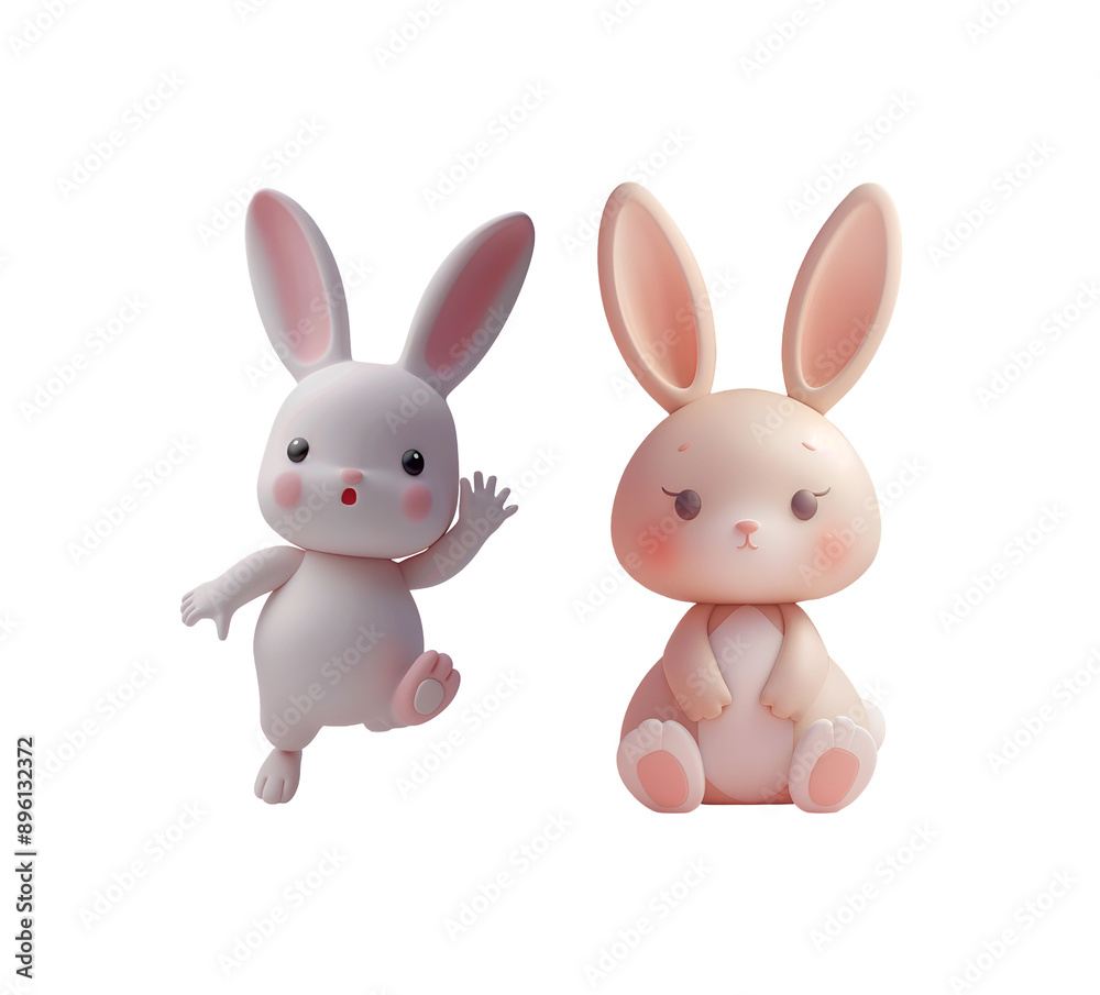 Obraz premium Assortment of 3D-rendered bunnies in joyful poses: sitting and jumping, Isolated on Transparent Background, PNG