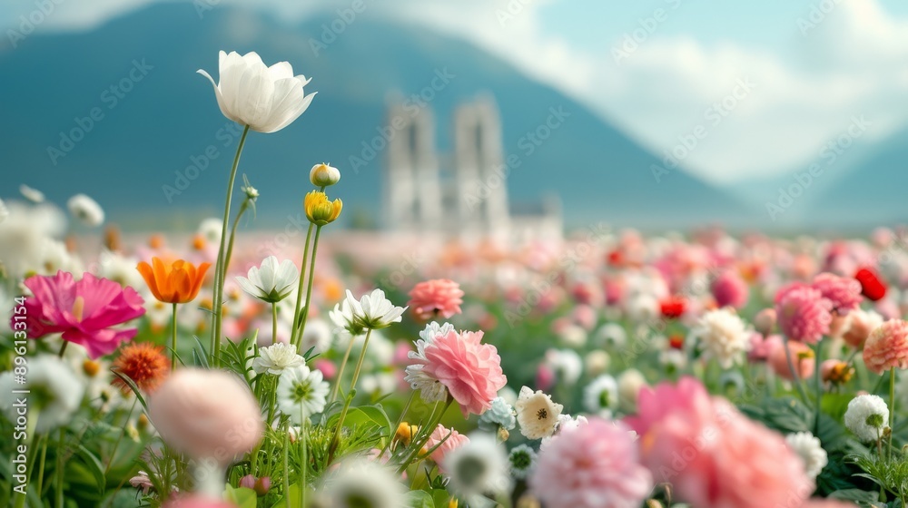Obraz premium Vibrant Floral Garden Showcasing Famous World Landmarks on Lush Rolling Hills