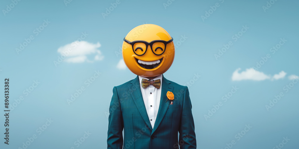 A whimsical image of a person in a suit with an emoji face, featuring glasses and a bow tie, against a blue sky with clouds A whimsical image of a person in a suit with an emoji face, featuring glasses and a bow tie, against a blue sky with clouds