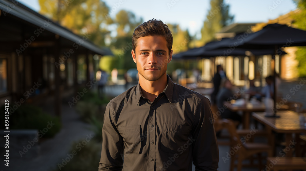 Young man, wearing a business shirt, standing on a terrace