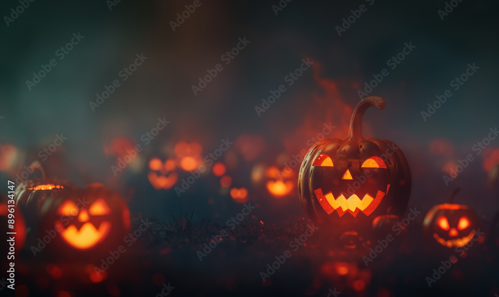 Eerie night scene with glowing Jack-o'-lanterns scattered in a foggy field, creating a spooky Halloween atmosphere Eerie night scene with glowing Jack-o'-lanterns scattered in a foggy field, creating a spooky Halloween atmosphere