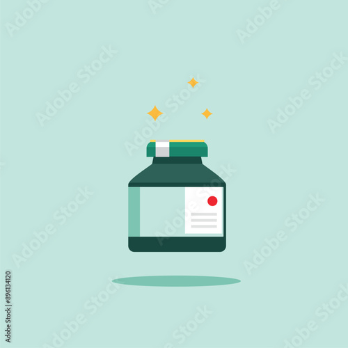 medical medicine glass bottle illustration with falling pills, simple cute medicine for health and fitness