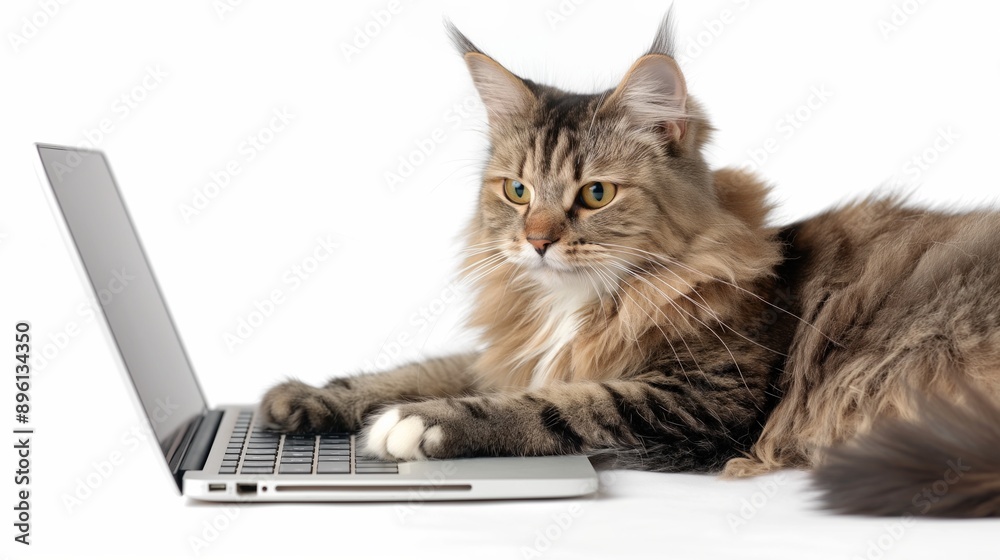 Cat using laptop on white background in studio. Cat using laptop on white background in studio.