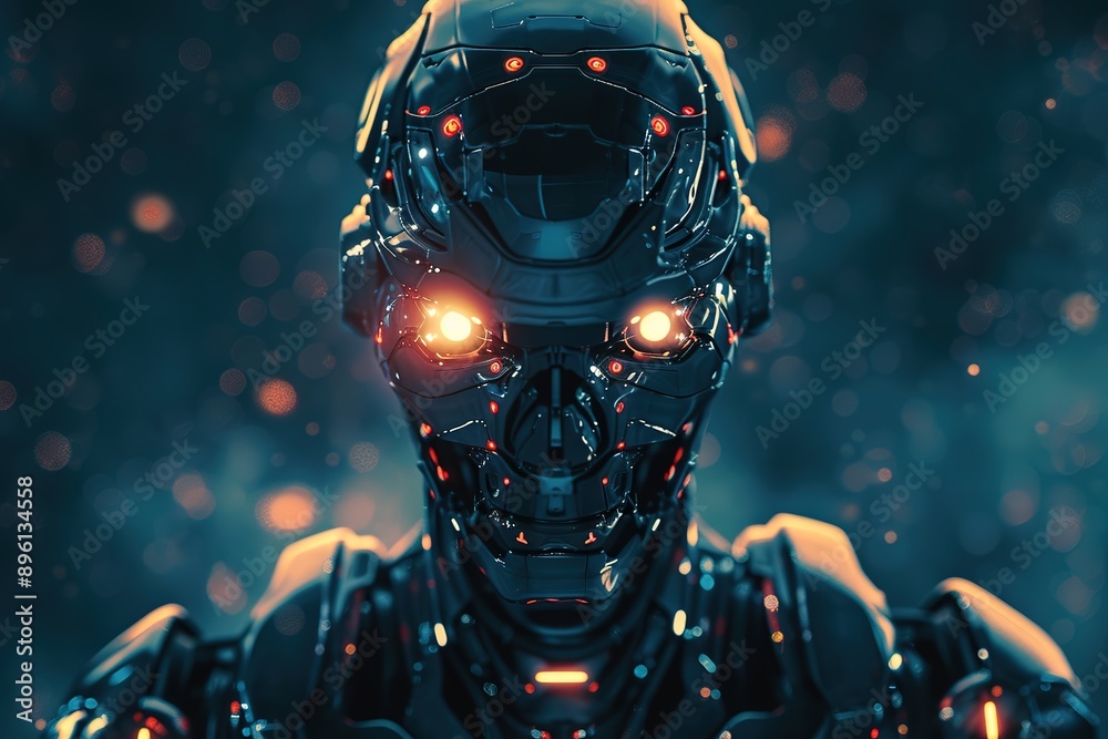 Futuristic Robot with Glowing Eyes in Dark Background, Surrounded by White and Gray Architectural Elements, Oil Painting Style, Symmetrical Composition, Cool Colors, and Mysterious Atmosphere Futuristic Robot with Glowing Eyes in Dark Background, Surrounded by White and Gray Architectural Elements, Oil Painting Style, Symmetrical Composition, Cool Colors, and Mysterious Atmosphere