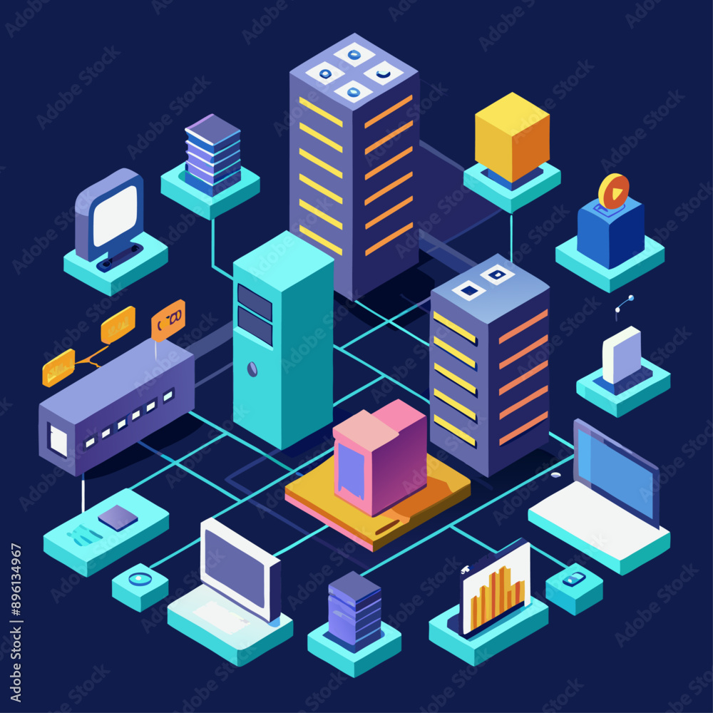 network computing isometric cloud storage featuring detailed server racks data download processes and secure storage solutions ideal for illustrating modern technology solutions vector graphics