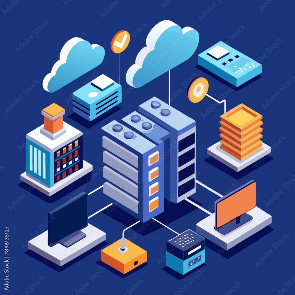 Fototapeta premium isometric cloud computing technology depicting a modern data transmission service complete with server racks