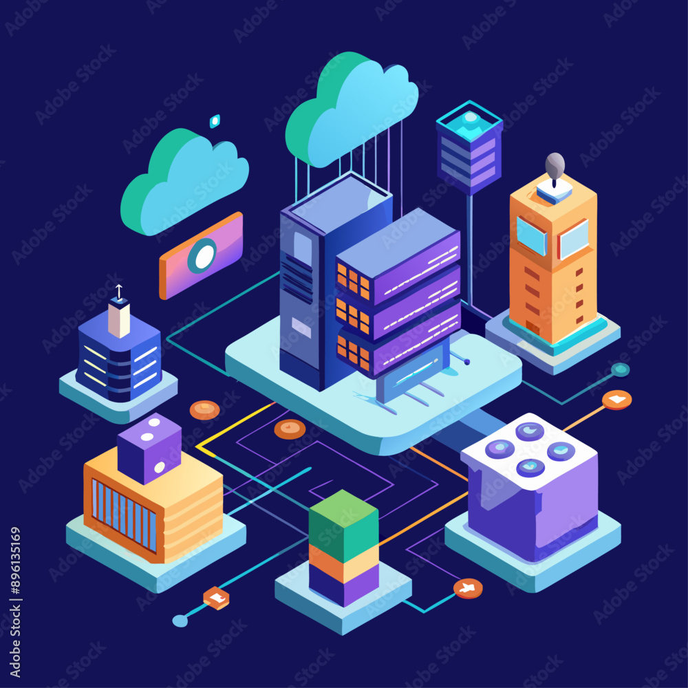 Obraz premium Isometric Data Transmission Cloud Service Showcasing a Futuristic Approach to Cloud Storage with Detailed Server and Network Elements, Ideal for Illustrating Advanced Technology and Modern IT Soluti