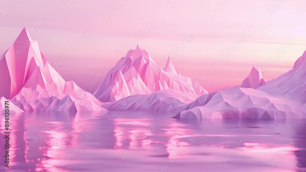 A surreal landscape of geometric mountains rising against a pastel pink sky. A surreal landscape of geometric mountains rising against a pastel pink sky.