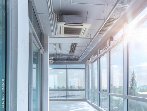 Modern office interior showcasing bright windows and natural light with air conditioning units for a comfortable workspace.