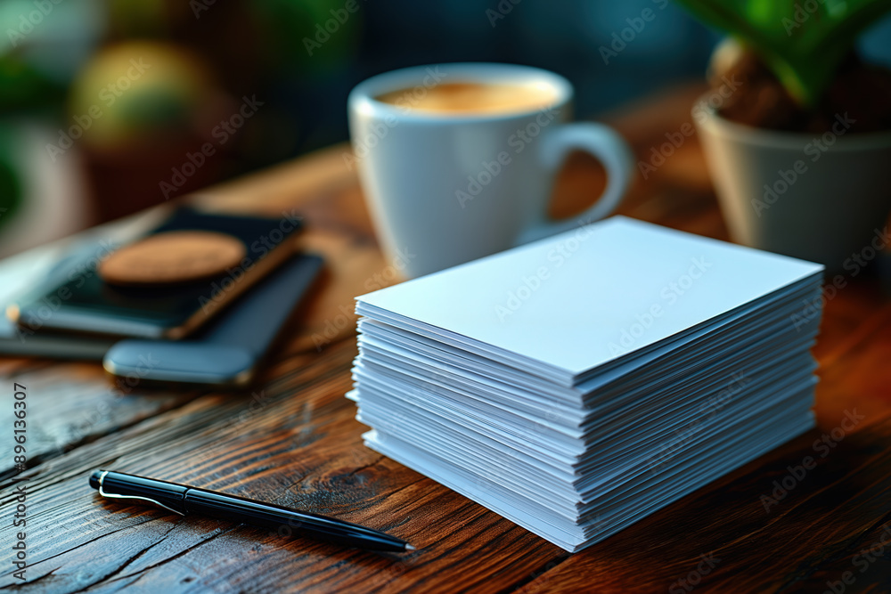 Stack of blank white business cards sitting on rustic wooden table