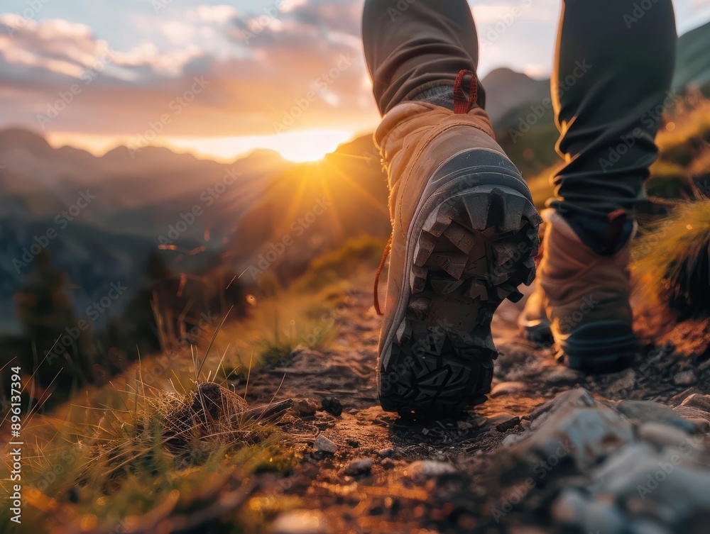 A hiker walks on a rugged trail at sunset, surrounded by stunning mountains and vibrant sky colors, capturing the essence of adventure. A hiker walks on a rugged trail at sunset, surrounded by stunning mountains and vibrant sky colors, capturing the essence of adventure.