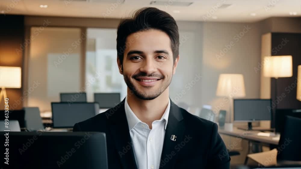 Handsome young Indian businessman smiling happily in modern office