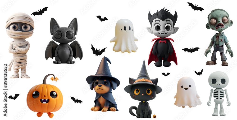 Obraz premium Halloween Set Collection: Cute and Funny Vampire, Dracula, Skeleton, Skull, Cat, Dog, Pumpkin, Witch Hat, Bat Silhouette, Mummy, Zombie. 3D Illustration for Kids’ Halloween Party.