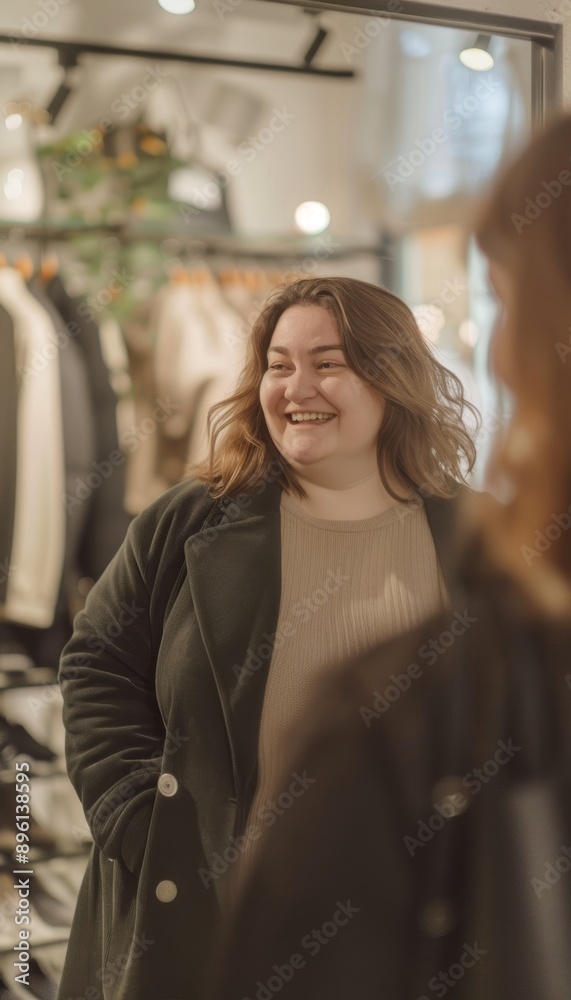 Confident Overweight Woman Enjoying Fashion Shopping at Chic Boutique Mirror Reflection Confident Overweight Woman Enjoying Fashion Shopping at Chic Boutique Mirror Reflection