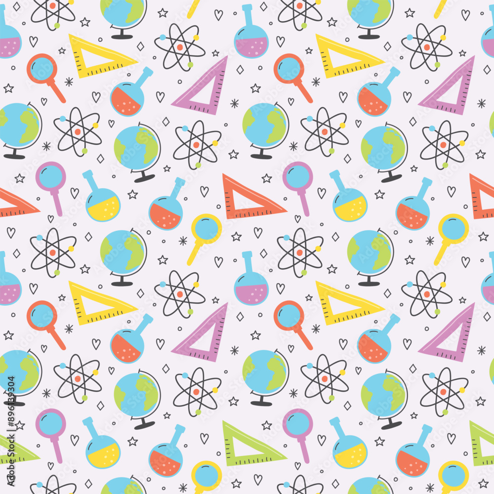 School background with cute cartoon icons. Seamless pattern. Vector illustration