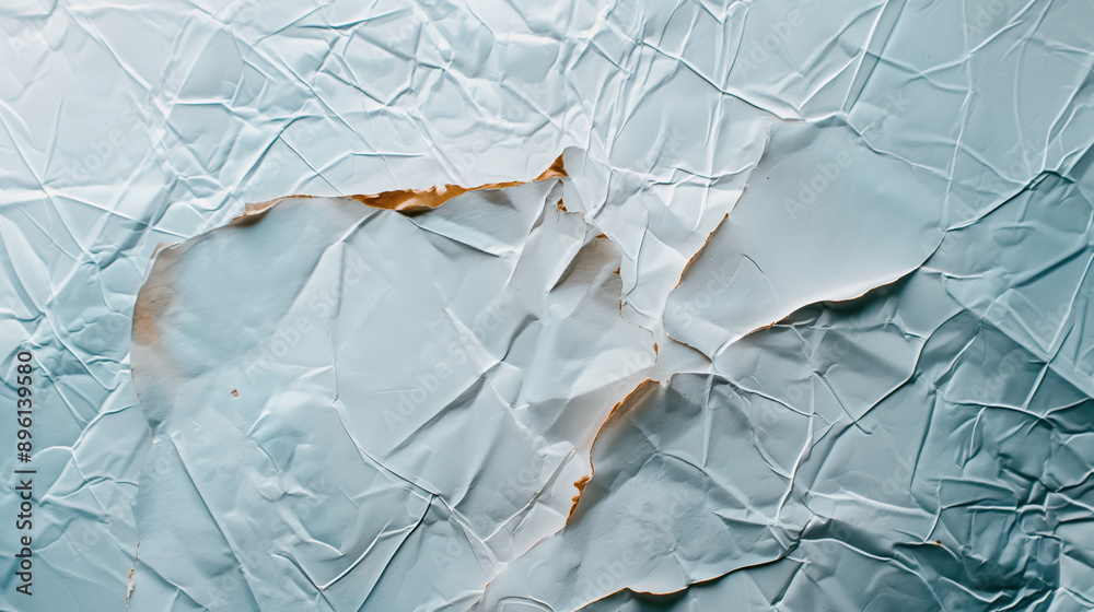 Fototapeta premium Close-up of a crumpled and torn piece of light blue paper showing multiple wrinkles and large tears revealing a different texture beneath.