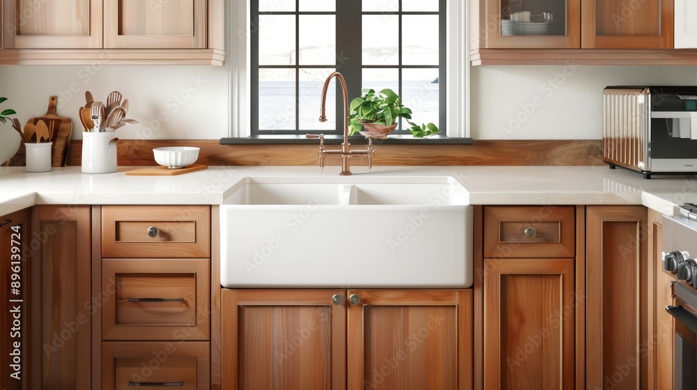 Fototapeta premium A cozy kitchen with wooden cabinets, a farmhouse sink, and vintage appliances, with copy space, high-resolution photo, realistic photo, hyper realistic