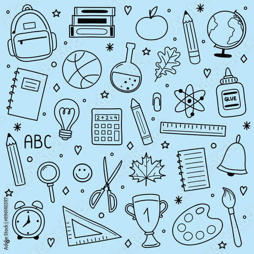 Collection of a hand drawn school supply. Cute stationery icons. Vector illustration