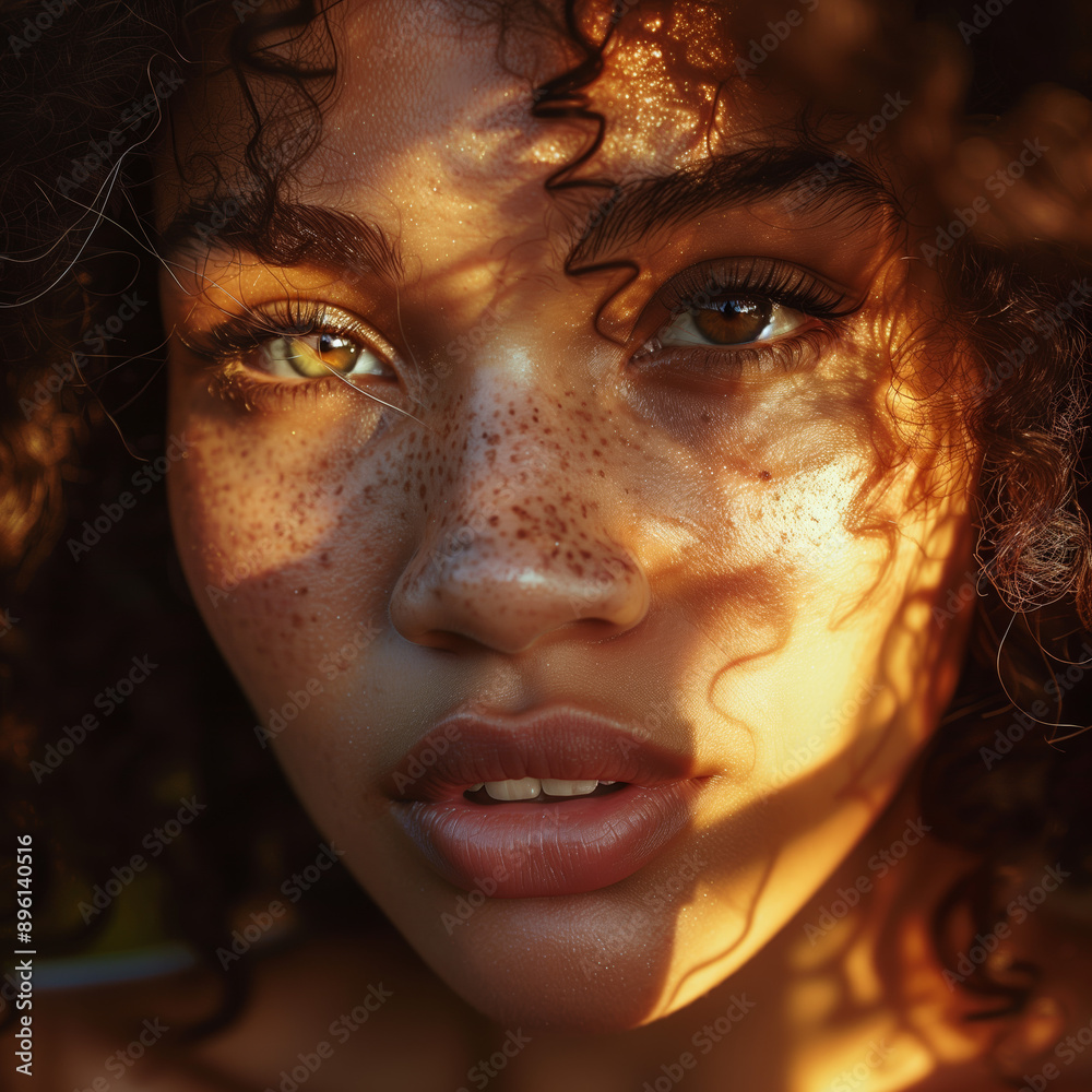 Realistic Portrait of a Young Black Woman with Beautiful Eyes and Sun-Kissed Curly Hair in Golden-Hour Light Realistic Portrait of a Young Black Woman with Beautiful Eyes and Sun-Kissed Curly Hair in Golden-Hour Light