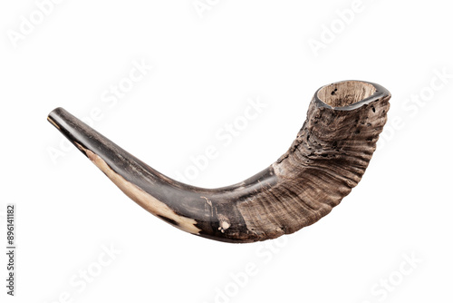 Shofar horn isolated on white background. Ancient musical horn typically made of a ram's horn, used for Jewish religious purposes. Blowing of the shofar - ritual performed by Jews on Rosh Hashanah