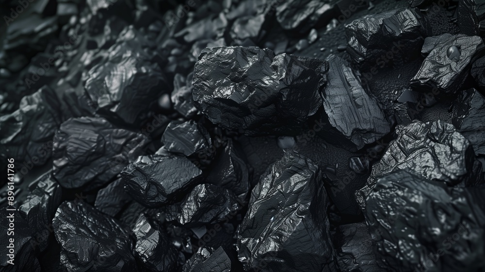 Pieces of coal close-up. The texture of coal is expressed in detail, the surface is shiny and uneven. The stones lie tightly together, giving the impression of a mass of black coal. Pieces of coal close-up. The texture of coal is expressed in detail, the surface is shiny and uneven. The stones lie tightly together, giving the impression of a mass of black coal.