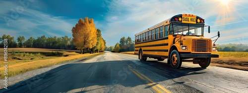 Nostalgic Journey. Retro school bus on a picturesque road