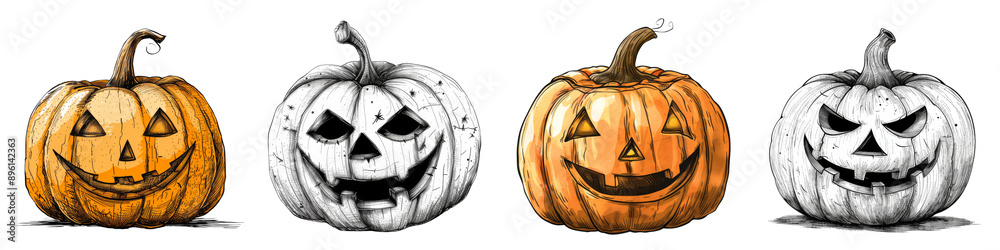 Collection of cute halloween pumpkins hand drawn sketch. Jack o' lantern isolated on transparent or white background Collection of cute halloween pumpkins hand drawn sketch. Jack o' lantern isolated on transparent or white background