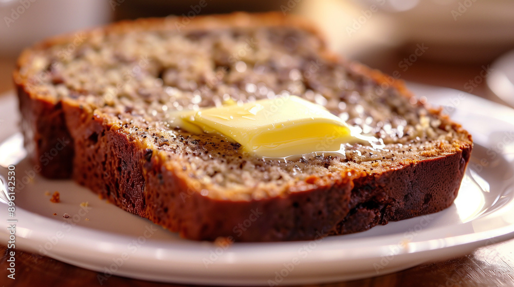 a slice of dense banana bread, with a pat of butter melting on top a slice of dense banana bread, with a pat of butter melting on top