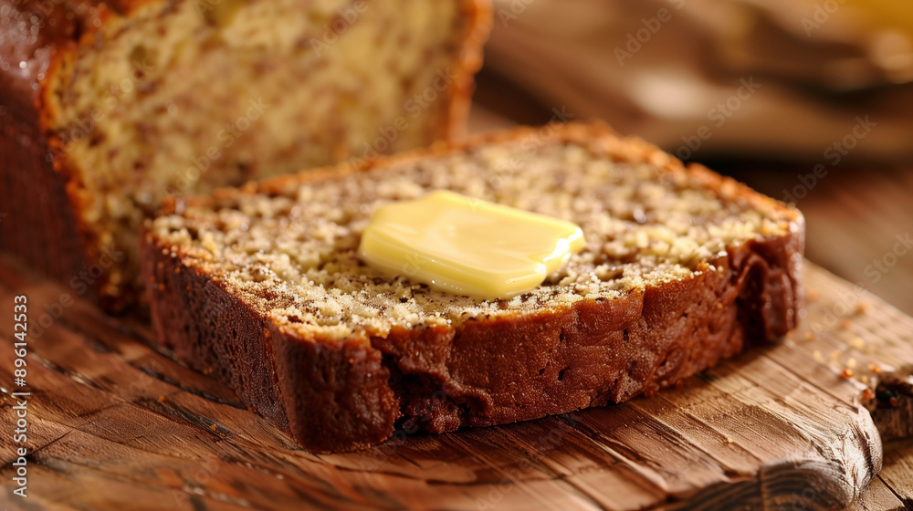 a slice of dense banana bread, with a pat of butter melting on top a slice of dense banana bread, with a pat of butter melting on top