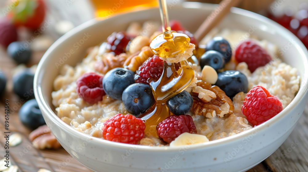 hearty bowl of oatmeal topped with fresh fruits, nuts, and a drizzle of honey hearty bowl of oatmeal topped with fresh fruits, nuts, and a drizzle of honey